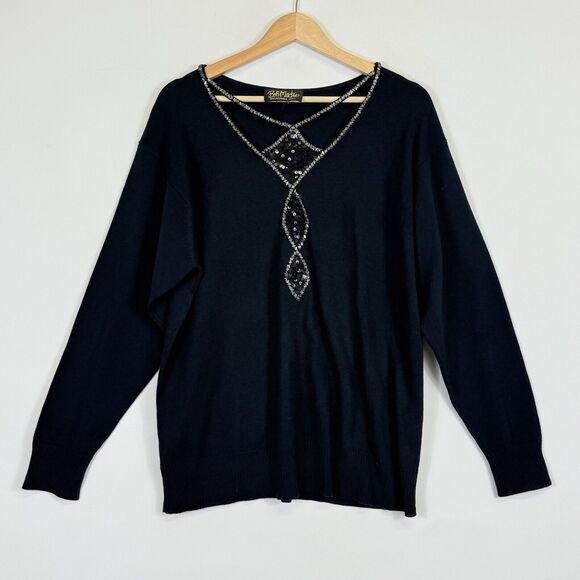 Bob Mackie Wearable Art Black Sequin Beaded Cut Out Collar Sweater Women's XL 1X - Picture 1 of 4